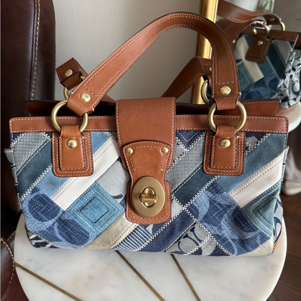 Coach Vintage Patchwork Leather and Denim Turnlock Satchel Handbag - Picture 7 of 7